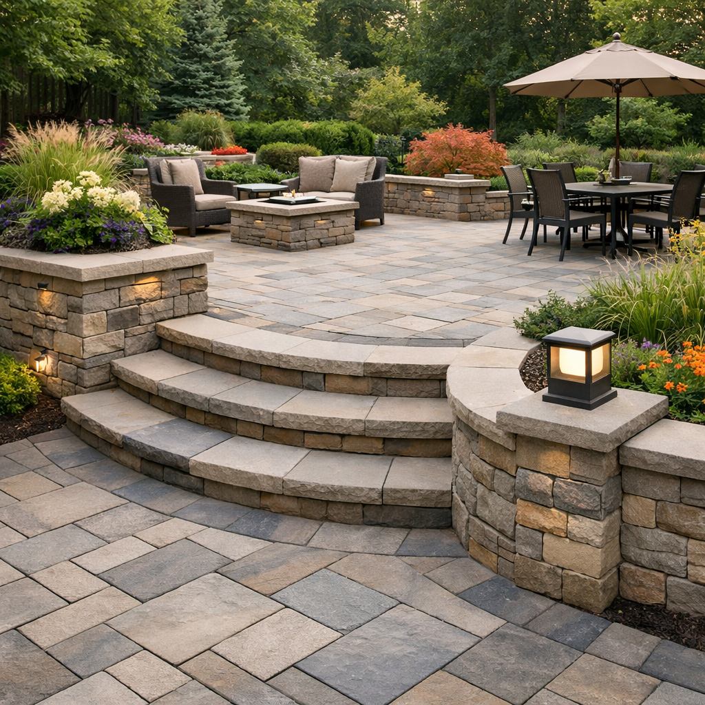 Elegant backyard patio with stone steps